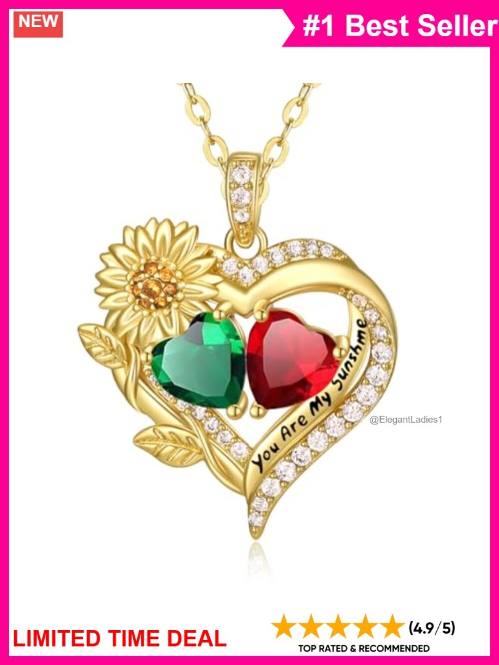 14K Gold Plated Sunflower Pendant Necklace Cubic Zirconia Gift
